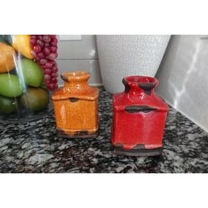 Ceramic Bud Vases Set of 2‎ Red Orange Crackle Glaze Rustic Home Decor